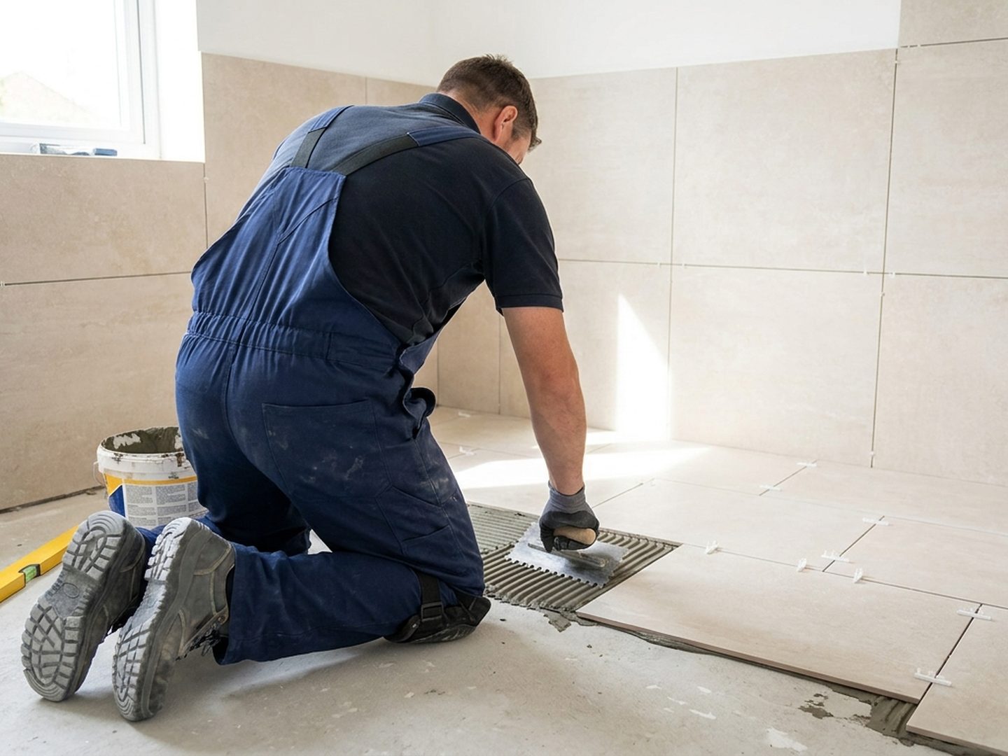Artisan carreleur posant du carrelage dans une salle de bain moderne